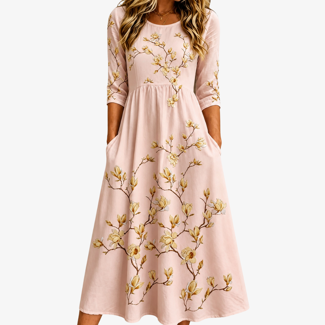 VIOLET | GOLDEN MAGNOLIA BLOOM POCKET MIDI DRESS