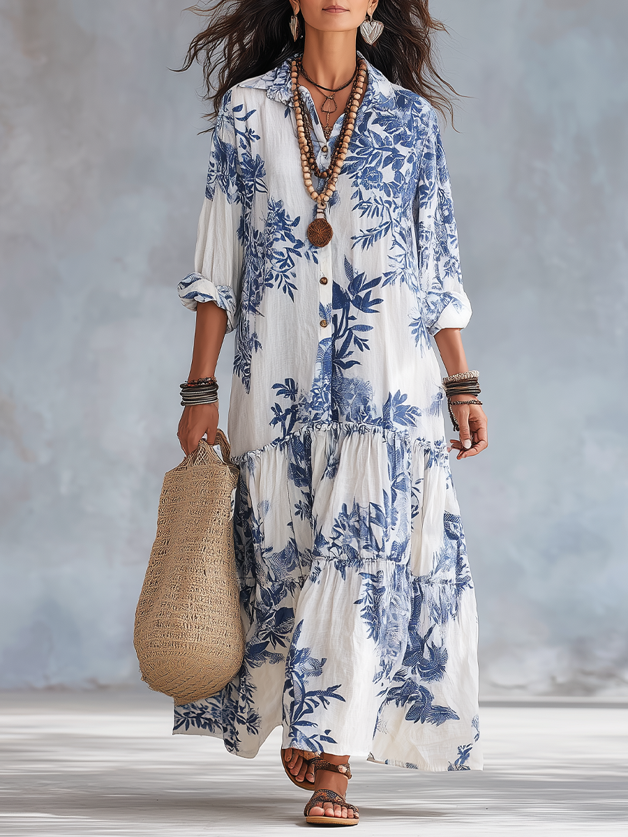 SELMA | BOHEMIAN BLUE FLORAL BUTTON-DOWN MAXI DRESS