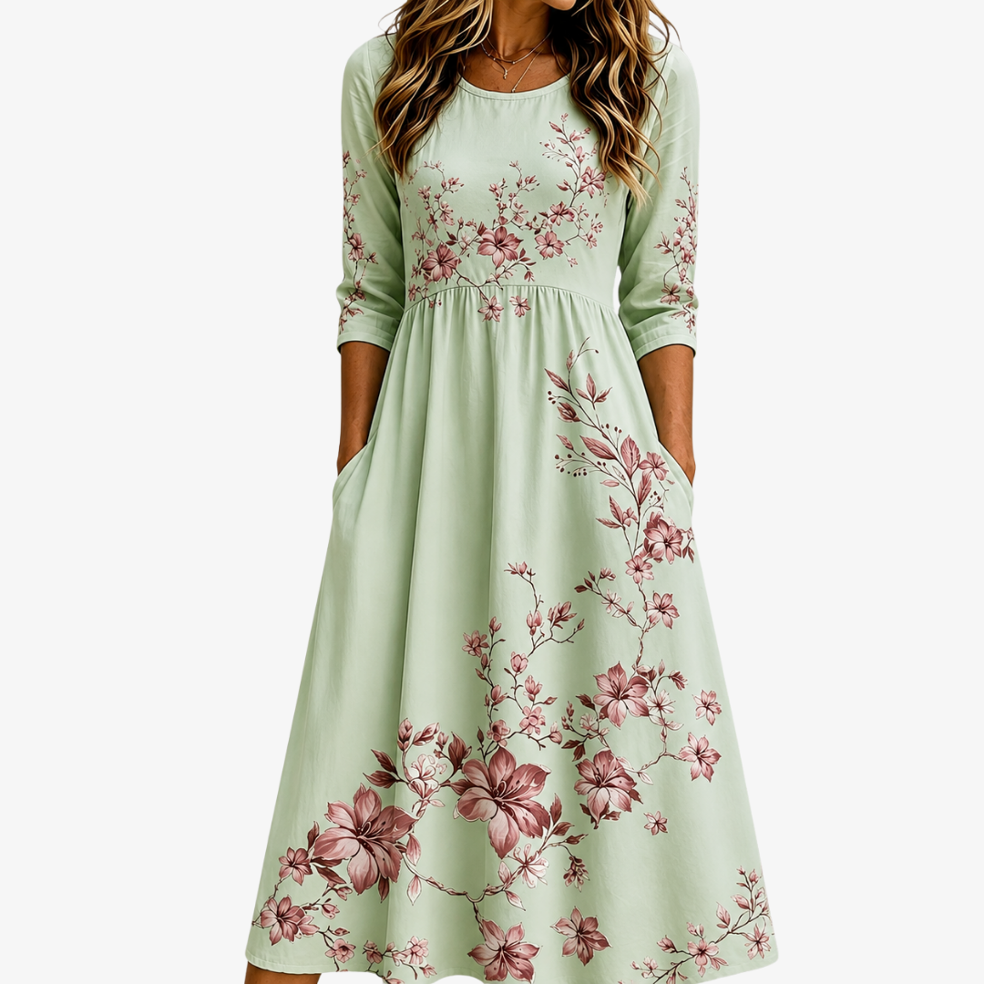 OLIVIA | SAGE BLOSSOM GRACE POCKET MIDI DRESS