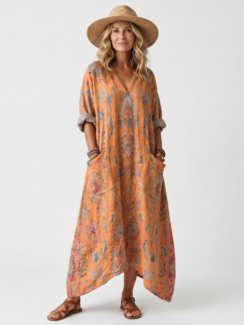 CLARIE | V-NECK PRINTED OVERSIZED POCKET MIDI DRESS