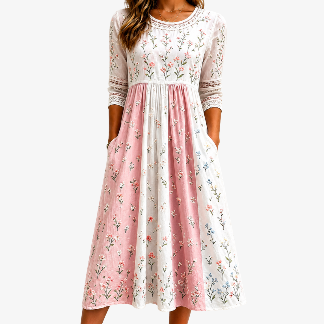 VIOLET | BLUSH MEADOW PATCHWORK POCKET MIDI DRESS
