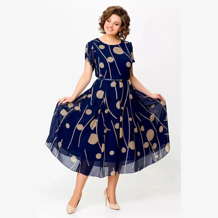 CARESSA | NAVY POLKA DOT PRINT CHIFFON-STYLE MIDI DRESS