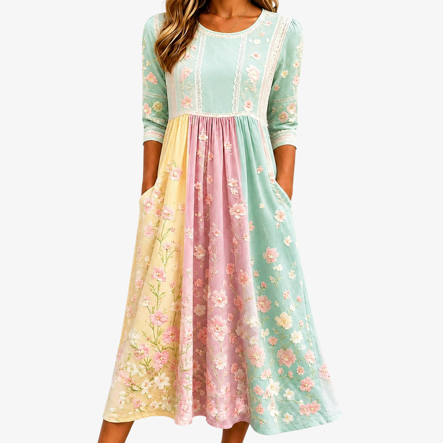 NORA | SPRING BLOSSOM PATCHWORK POCKET MIDI DRESS