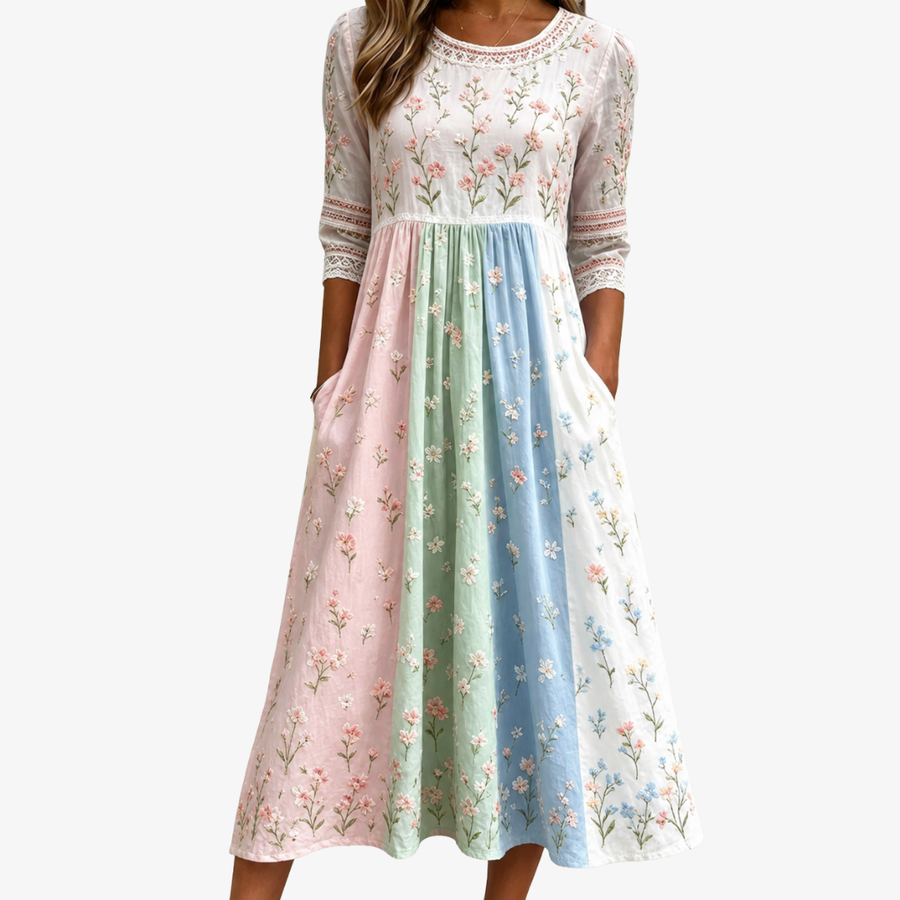 CLAIRE | PASTEL MEADOW FLORAL POCKET MIDI DRESS