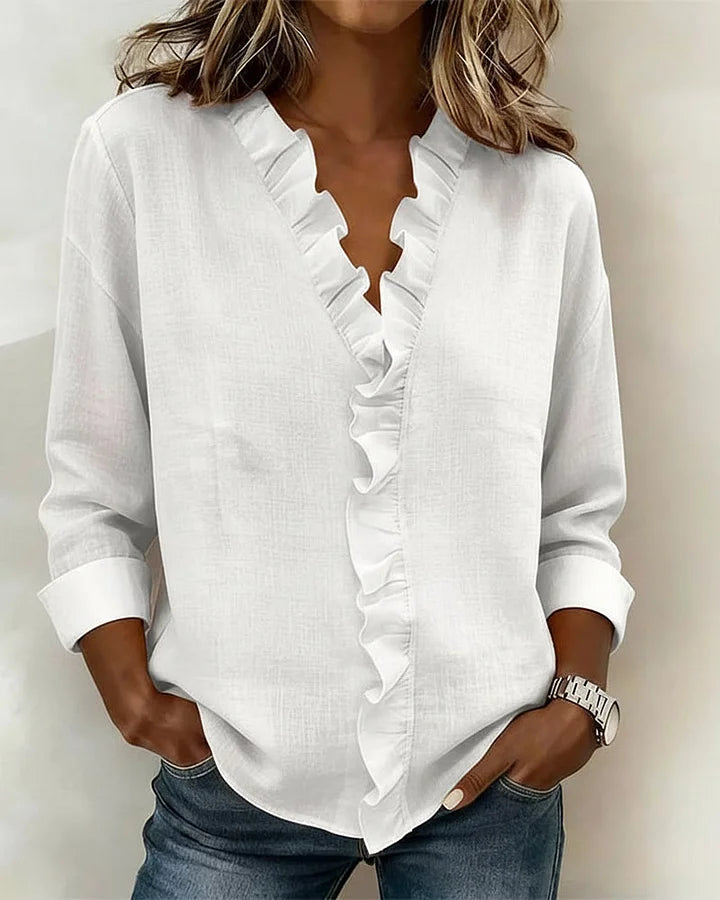 VELMA | BLOUSE WITH RUFFLES & V-NECK