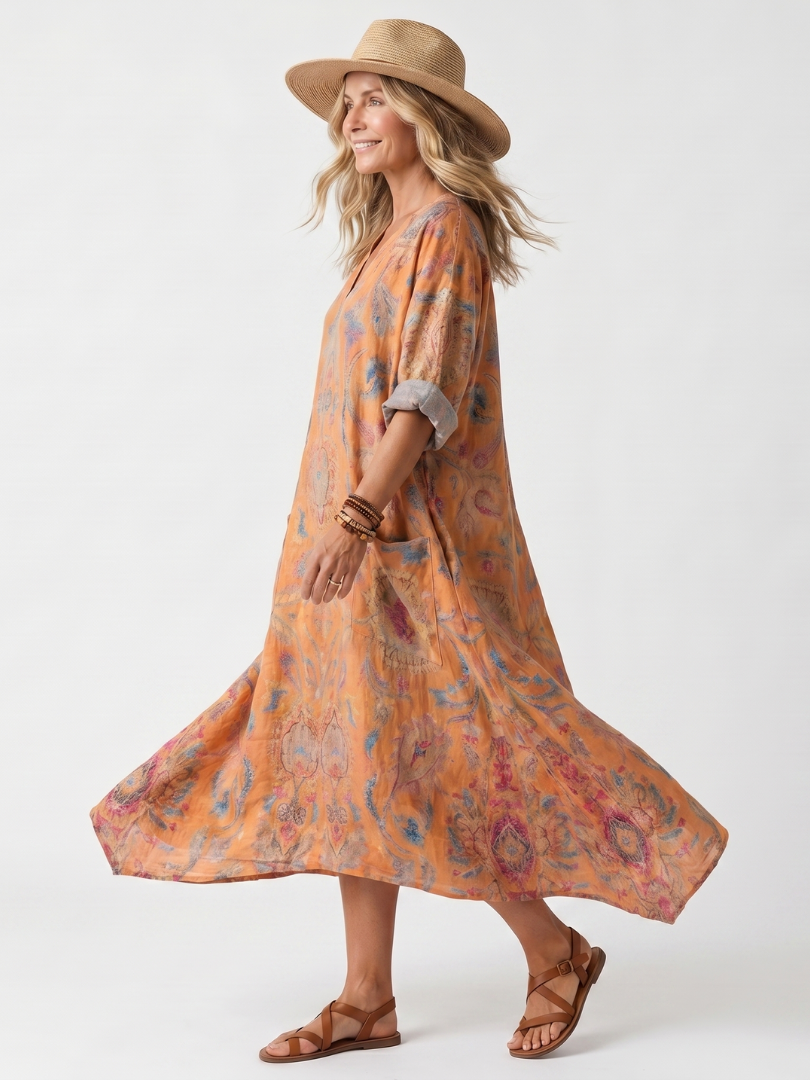 CLARIE | V-NECK PRINTED OVERSIZED POCKET MIDI DRESS