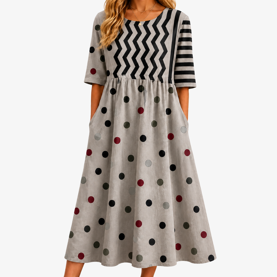 AUDREY | MODERN CHARM MIXED PRINT POCKET MIDI DRESS
