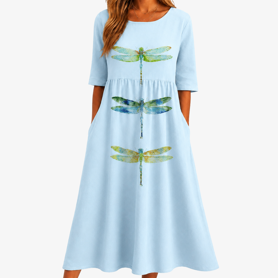 BROOKE | SKY MEADOW DRAGONFLY POCKET MIDI DRESS