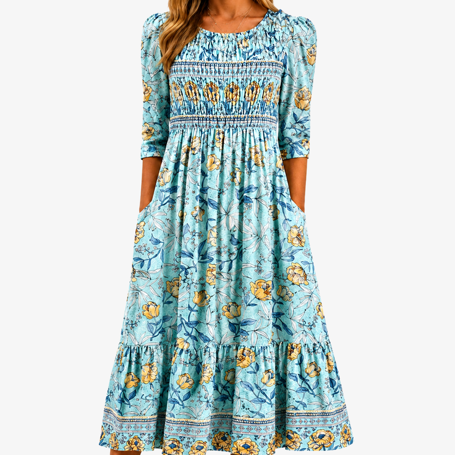 CLARA | GOLDEN BLOOM SMOCKED GARDEN MIDI DRESS