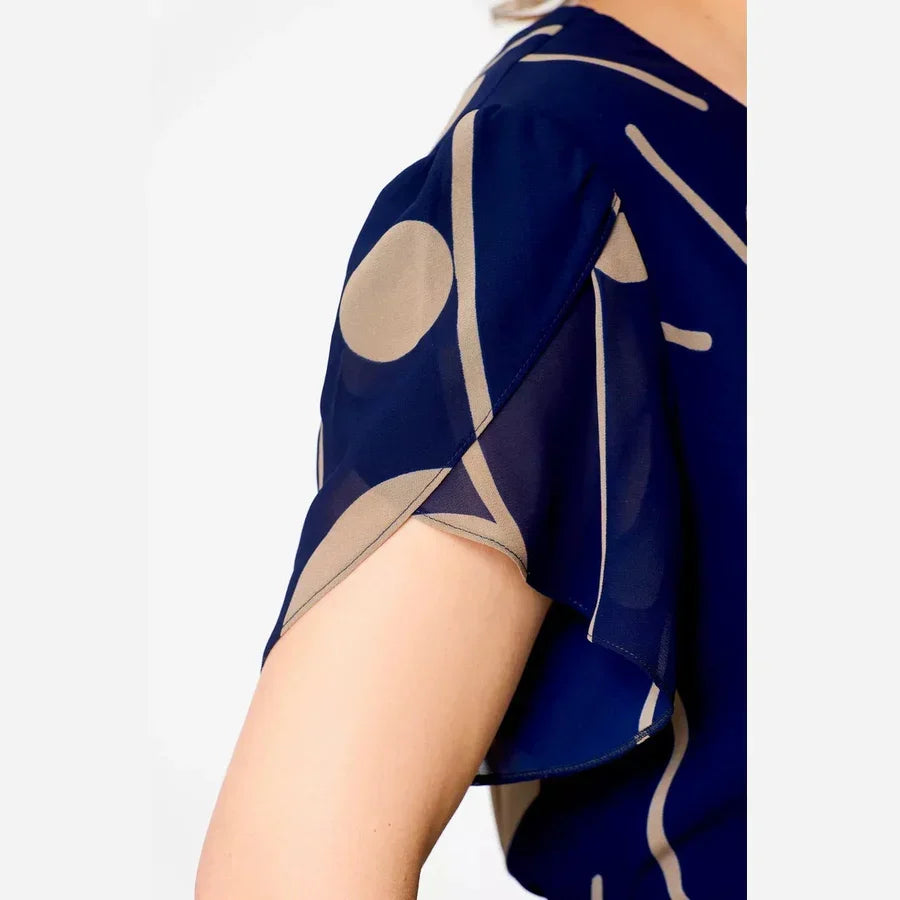 CARESSA | NAVY POLKA DOT PRINT CHIFFON-STYLE MIDI DRESS