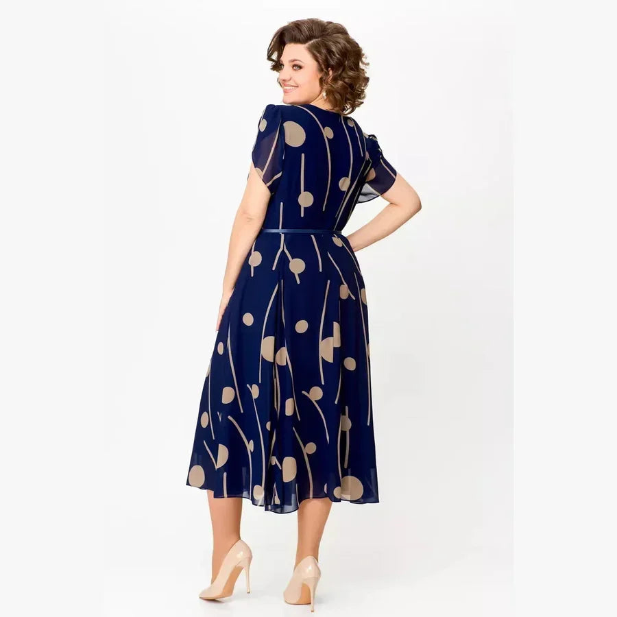 CARESSA | NAVY POLKA DOT PRINT CHIFFON-STYLE MIDI DRESS