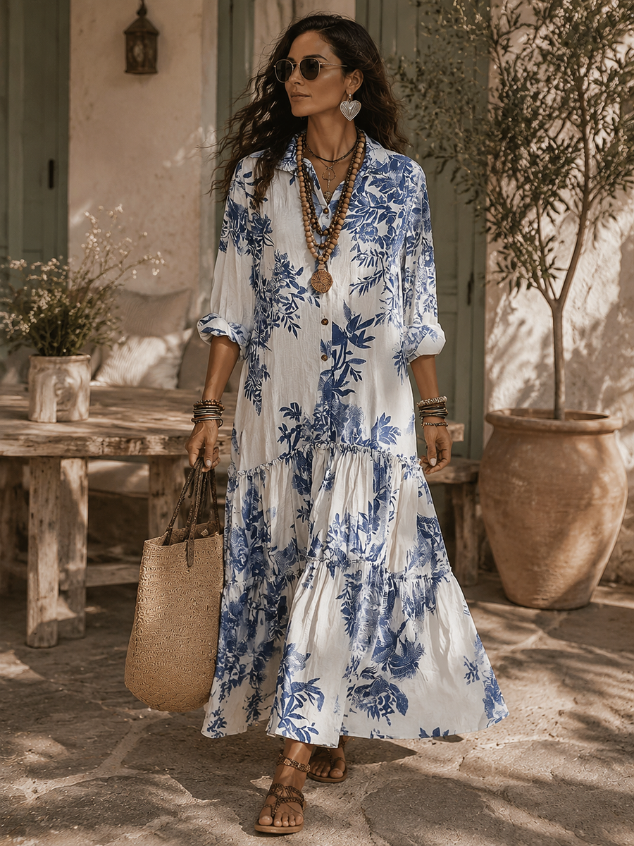 SELMA | BOHEMIAN BLUE FLORAL BUTTON-DOWN MAXI DRESS