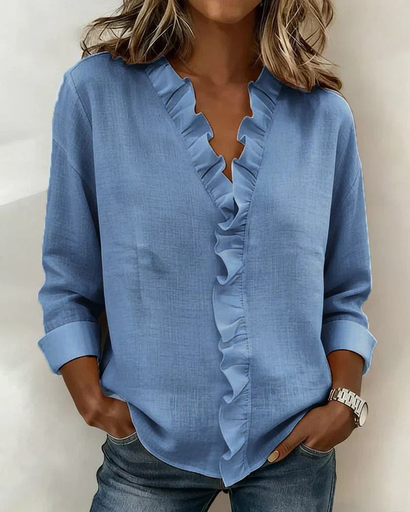 VELMA | BLOUSE WITH RUFFLES & V-NECK